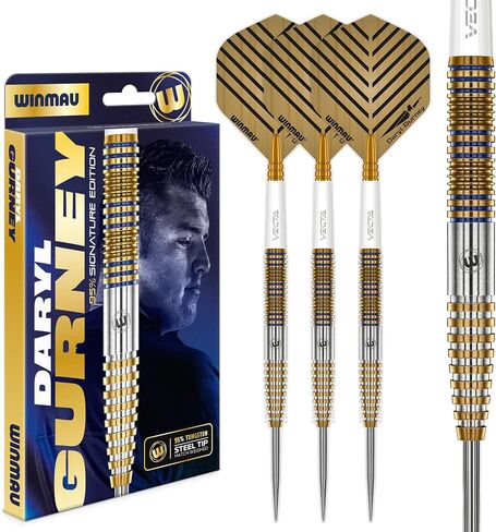 Winmau Daryl Gurney Signature Edition Steel Tip Darts Set - Professional 95% Tungsten Darts with Flights & Shafts - Match-Weighed Precision & Stable Control - 23g - Gold/Blue in Kuwait