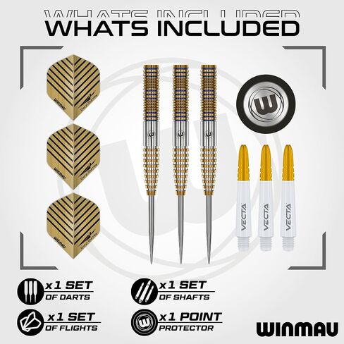 Winmau Daryl Gurney Signature Edition Steel Tip Darts Set - Professional 95% Tungsten Darts with Flights & Shafts - Match-Weighed Precision & Stable Control - 23g - Gold/Blue in Kuwait