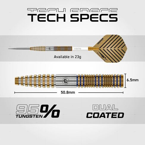 Winmau Daryl Gurney Signature Edition Steel Tip Darts Set - Professional 95% Tungsten Darts with Flights & Shafts - Match-Weighed Precision & Stable Control - 23g - Gold/Blue in Kuwait