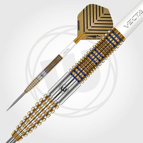 Winmau Daryl Gurney Signature Edition Steel Tip Darts Set - Professional 95% Tungsten Darts with Flights & Shafts - Match-Weighed Precision & Stable Control - 23g - Gold/Blue in Kuwait