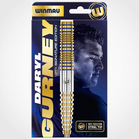 Winmau Daryl Gurney Signature Edition Steel Tip Darts Set - Professional 95% Tungsten Darts with Flights & Shafts - Match-Weighed Precision & Stable Control - 23g - Gold/Blue in Kuwait