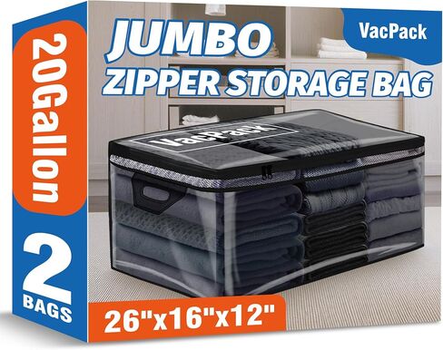 VacPack 2 Pack 26x26x12 بوصة أكياس تخزين كبيرة شفافة سعة 20 جالون | مع مقابض معززة وسحاب إغلاق، مثالي للملابس والفراش والخزانة وتنظيم السرير تحت السرير in Kuwait