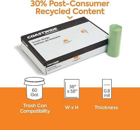 Coastwide Professional 60 Gallon Trash Bag with 30% PCR, 38" x 58", Low Density, 0.8 mil, Green, 100 Bags/Box in Kuwait
