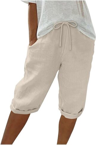 Womens Bermuda Shorts for Women with Pockets Drawstring High Waisted Cotton Long Shorts for Running Workout Athletic in Kuwait