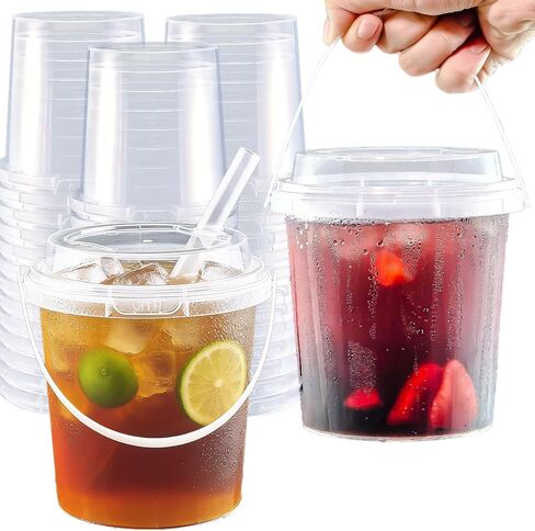 20 Set 25 oz Drink Bucket, Clear Plastic Cups with Lids and Straws, Disposable Drinking Cups for Cold Drinks, Iced Coffee/Milkshakes/Smoothies, Sturdy & Food Safe in Saudi Arabia