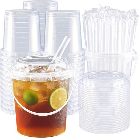 20 Set 25 oz Drink Bucket, Clear Plastic Cups with Lids and Straws, Disposable Drinking Cups for Cold Drinks, Iced Coffee/Milkshakes/Smoothies, Sturdy & Food Safe in Saudi Arabia