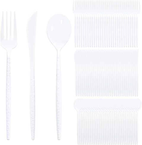 Supernal 360pcs Gold Plastic Silverware Set - Heavy Duty Disposable Cutlery (120 Forks, 120 Spoons, 120 Knives) - Elegant Hammered Finish, Premium Plastic Flatware for Weddings, Parties & Catering in Kuwait