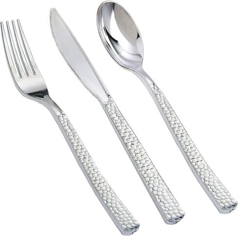Supernal 360pcs Gold Plastic Silverware Set - Heavy Duty Disposable Cutlery (120 Forks, 120 Spoons, 120 Knives) - Elegant Hammered Finish, Premium Plastic Flatware for Weddings, Parties & Catering in Kuwait