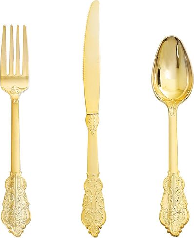 Supernal 360pcs Gold Plastic Silverware Set - Heavy Duty Disposable Cutlery (120 Forks, 120 Spoons, 120 Knives) - Elegant Hammered Finish, Premium Plastic Flatware for Weddings, Parties & Catering in Kuwait