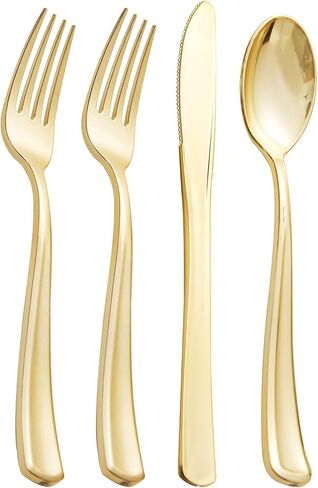 Supernal 360pcs Gold Plastic Silverware Set - Heavy Duty Disposable Cutlery (120 Forks, 120 Spoons, 120 Knives) - Elegant Hammered Finish, Premium Plastic Flatware for Weddings, Parties & Catering in Kuwait