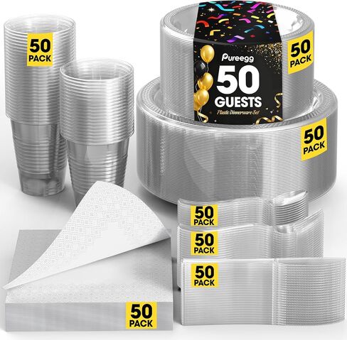 Pureegg Clear Plastic Plates Set - 350 Pcs Complete Dinnerware Sets for 50 Guests, Disposable Plates, Utensils, Cups, Napkins Included, for Party, Gathering, Wedding, Daily Use in Saudi Arabia