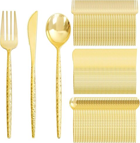 Supernal 360pcs Gold Plastic Silverware Set - Heavy Duty Disposable Cutlery (120 Forks, 120 Spoons, 120 Knives) - Elegant Hammered Finish, Premium Plastic Flatware for Weddings, Parties & Catering in Kuwait