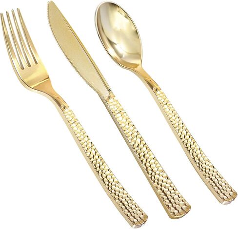 Supernal 360pcs Gold Plastic Silverware Set - Heavy Duty Disposable Cutlery (120 Forks, 120 Spoons, 120 Knives) - Elegant Hammered Finish, Premium Plastic Flatware for Weddings, Parties & Catering in Kuwait
