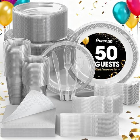 Pureegg Clear Plastic Plates Set - 350 Pcs Complete Dinnerware Sets for 50 Guests, Disposable Plates, Utensils, Cups, Napkins Included, for Party, Gathering, Wedding, Daily Use in Saudi Arabia