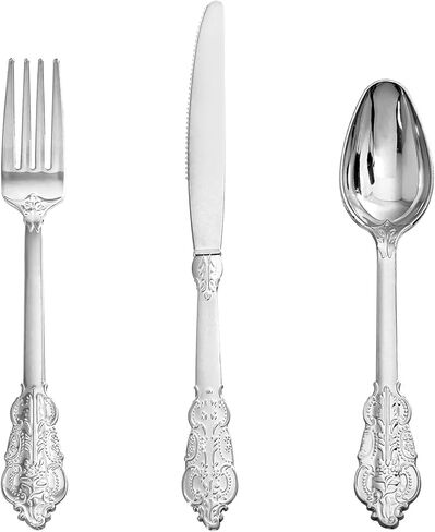 Supernal 360pcs Gold Plastic Silverware Set - Heavy Duty Disposable Cutlery (120 Forks, 120 Spoons, 120 Knives) - Elegant Hammered Finish, Premium Plastic Flatware for Weddings, Parties & Catering in Kuwait