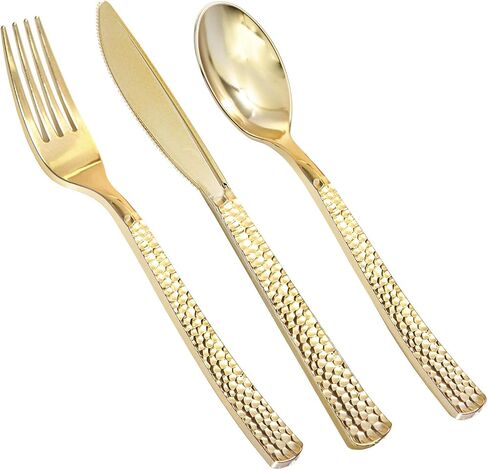 Supernal 360pcs Gold Plastic Silverware Set - Heavy Duty Disposable Cutlery (120 Forks, 120 Spoons, 120 Knives) - Elegant Hammered Finish, Premium Plastic Flatware for Weddings, Parties & Catering in Kuwait