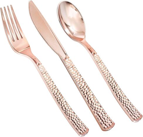 Supernal 360pcs Gold Plastic Silverware Set - Heavy Duty Disposable Cutlery (120 Forks, 120 Spoons, 120 Knives) - Elegant Hammered Finish, Premium Plastic Flatware for Weddings, Parties & Catering in Kuwait