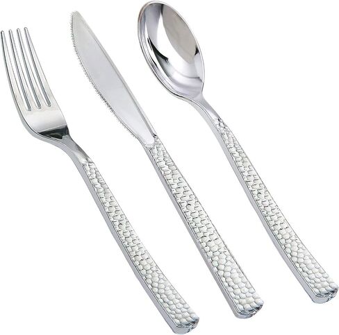 Supernal 360pcs Gold Plastic Silverware Set - Heavy Duty Disposable Cutlery (120 Forks, 120 Spoons, 120 Knives) - Elegant Hammered Finish, Premium Plastic Flatware for Weddings, Parties & Catering in Kuwait