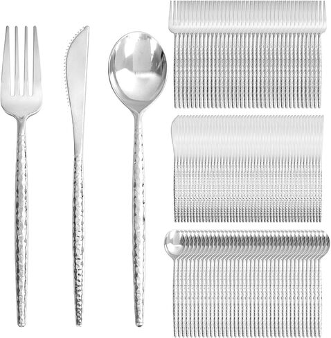 Supernal 360pcs Gold Plastic Silverware Set - Heavy Duty Disposable Cutlery (120 Forks, 120 Spoons, 120 Knives) - Elegant Hammered Finish, Premium Plastic Flatware for Weddings, Parties & Catering in Kuwait