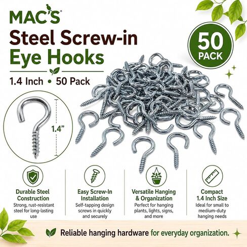 MAC'S Steel Screw-in Eye Hooks, 1.4 Inch, 50 Pack, Storage Hardware for Hanging and Organization in Kuwait