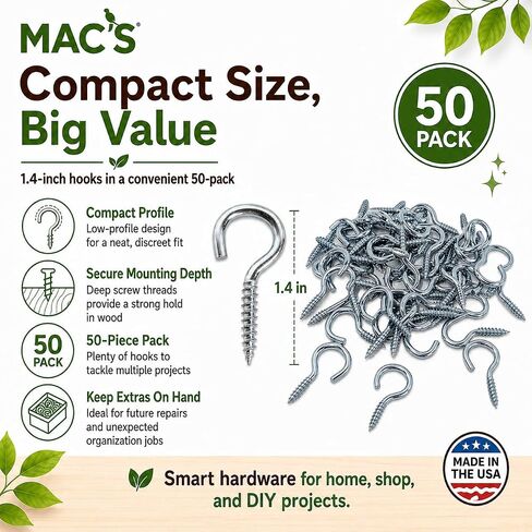 MAC'S Steel Screw-in Eye Hooks, 1.4 Inch, 50 Pack, Storage Hardware for Hanging and Organization in Kuwait