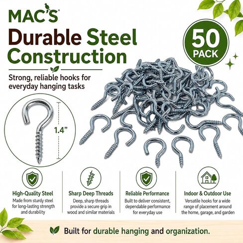MAC'S Steel Screw-in Eye Hooks, 1.4 Inch, 50 Pack, Storage Hardware for Hanging and Organization in Kuwait