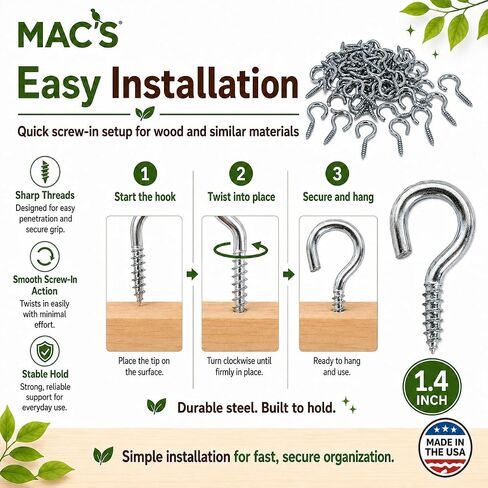 MAC'S Steel Screw-in Eye Hooks, 1.4 Inch, 50 Pack, Storage Hardware for Hanging and Organization in Kuwait