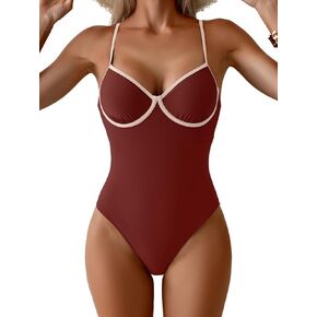 Eomenie Womens Swimsuit Tummy Control Slimming One Piece Bathing Suit Color Block Spaghetti Straps Swimwear with High Cut in Kuwait
