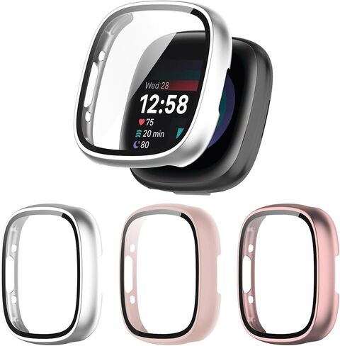 3 Pack for Fitbit Sense 2 / Versa 4 Screen Protector Case [Full Coverage], Hard PC Bumper All-Around Protective Accessories for Fitbit Sense 2 / Versa 4 Built-in Tempered Glass Film in Kuwait