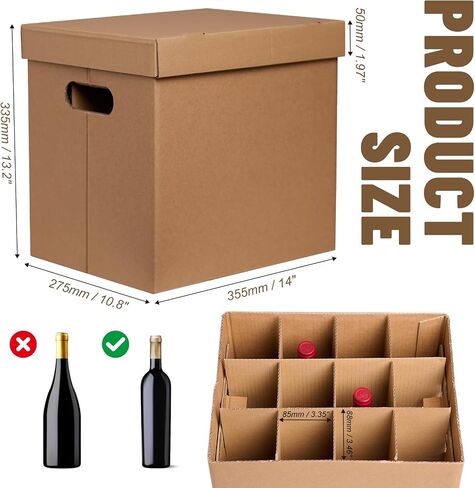NUMINA 2 Pack Wine Shipping Boxes with Dividers, 12-Bottle Corrugated Moving and Storage Box for Wine, Champagne or Glass Bottles, Heavy-Duty Cardboard Cartons for Fragile Items in Kuwait
