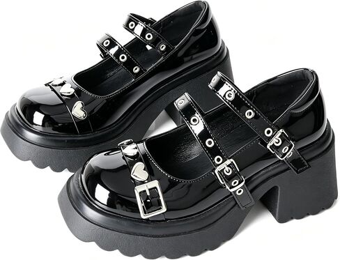 Meotina منصة Mary Jane Shoes Women Gothic حذاء مكتنزة الكعبة القوطية مع قلب حزام كاحل براءات الاختراع السوداء مضخات الجلود in Kuwait