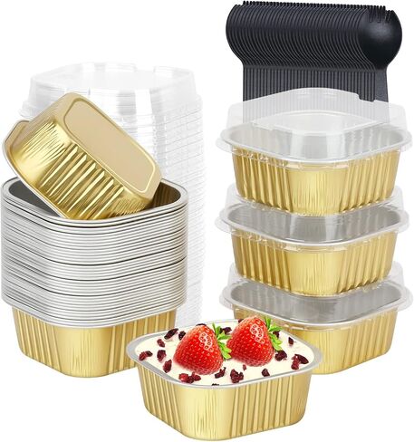 LNYZQUS Mini Cake Pans with Lids and Spoons,10oz Disposable Small Foil Baking Tins,40 Pack Individual Cake Containers for Home Bakers Bake Sales-Pink,4x4 Square in Kuwait