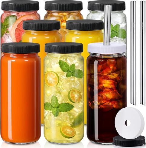 [ 8 Pack ] Glass Juicing Bottles with 2 Straws & 2 Lids w Hole- 16 OZ Travel Drinking Jars, Water Cups with Black Airtight Lids, Reusable Tall Mason Jar for Juice, Bubble Tea, Smoothie, Tea, Kombucha in Kuwait