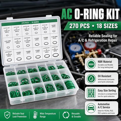 270PCS AC O Ring Kit, 18 Sizes NBR Rubber O Ring Assortment Set, Oil Resistant Air Conditioning Seal Gasket Kit for Automotive AC Compressor Repair, Car Accessories with Storage Box in Kuwait