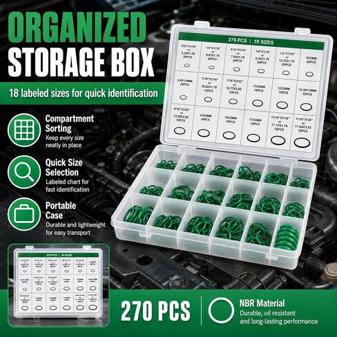 270PCS AC O Ring Kit, 18 Sizes NBR Rubber O Ring Assortment Set, Oil Resistant Air Conditioning Seal Gasket Kit for Automotive AC Compressor Repair, Car Accessories with Storage Box in Kuwait