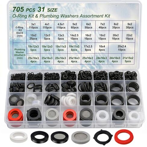Gadgetime USA 705PCS Washer & O-Ring Assortment Kit, 32 Sizes – 2-in-1 Leak-Proof Rubber Seal Set for Faucet, Garden Hose, Spigot, Pressure Washer & Home Plumbing Repair in Kuwait