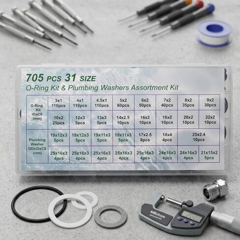 Gadgetime USA 705PCS Washer & O-Ring Assortment Kit, 32 Sizes – 2-in-1 Leak-Proof Rubber Seal Set for Faucet, Garden Hose, Spigot, Pressure Washer & Home Plumbing Repair in Kuwait