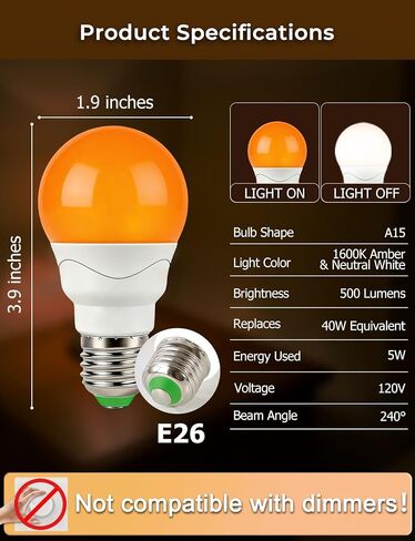 LED Sleep Amber Light Bulbs with Remote Control, 1600K E26 Circadian Light Bulb A15, 5W(40W Equivalent) for Sleep Therapy, Baby Nursery, Bedroom (4 Packs) in Kuwait