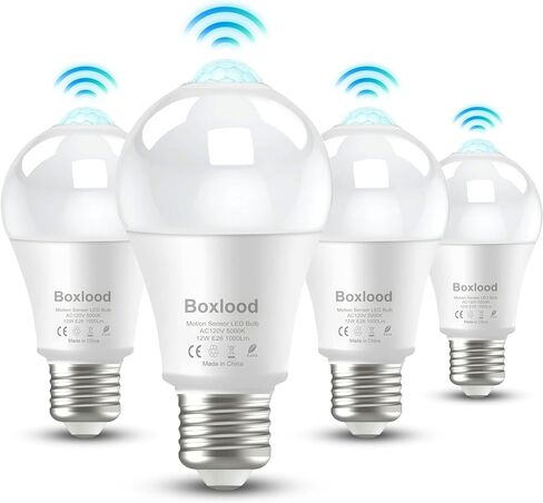 Boxlood Motion Sensor Light Bulbs for Outdoor Indoor,12W(100W Equivalent) A19 E26 5000K Daylight Motion Activated Dusk to Dawn Outdoor Light Bulb for Front Door Porch Garage Basement Hallway, 2 Pack in Kuwait