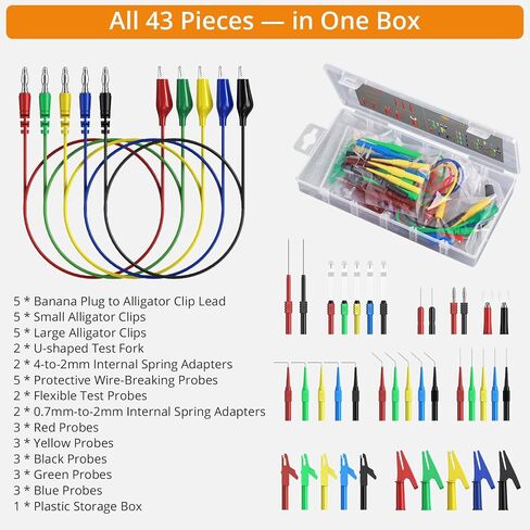 Neoteck Multimeter Leads,43pcs Back Probe Test Lead Kit with Alligator Clips Electrical,CAT II 600V,Pure Copper Leads with PVC Insulation,5 Color Probes,for Automotive Circuit & Home Appliance Testing in Kuwait