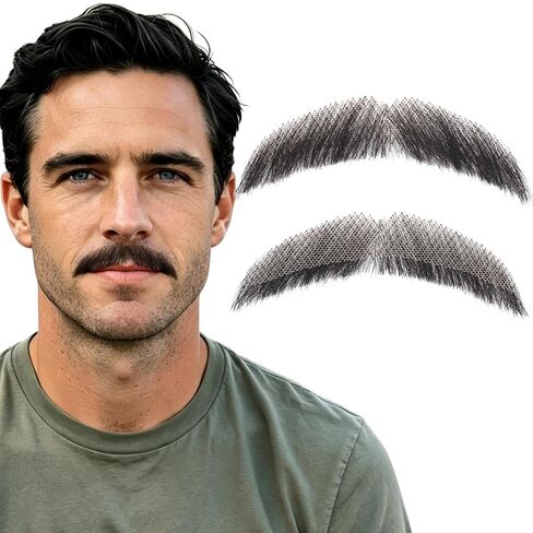 100% Human Hair Fake Beard and Handlebar Mustache for Men – Realistic Hand-Tied Lace Facial Hair, Reusable Beard for Costume, Halloween, Cosplay – Black/Brown (Brown) in Saudi Arabia