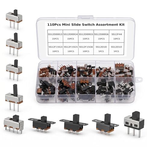 110PCS SPDT Mini Slide Switch Kit Micro Switch 9Values readboard Switches 1p2t Toggle Switches 2 Position 3 Pin Miniature Vertical Panel Mount Knob, SS12D00 SS12F15 SS12D10 SS12F44 in Kuwait