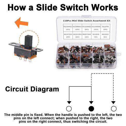 110PCS SPDT Mini Slide Switch Kit Micro Switch 9Values readboard Switches 1p2t Toggle Switches 2 Position 3 Pin Miniature Vertical Panel Mount Knob, SS12D00 SS12F15 SS12D10 SS12F44 in Kuwait