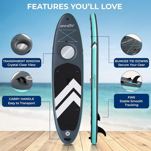 SereneLife 10’6" Inflatable Stand-Up Paddle Board with Window - 32" Wide Stable Design with Non-Slip EVA Deck Pad, Premium SUP Accessories and GoPro Mount, for Youth and Adults, 350 lbs. Capacity in Kuwait