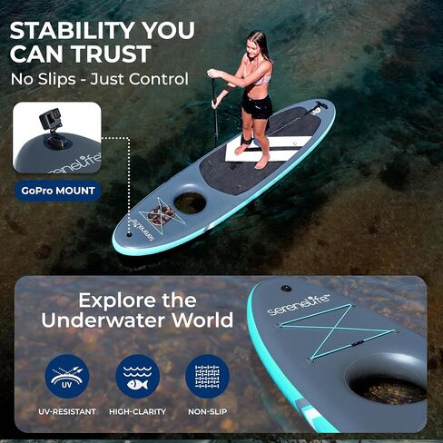 SereneLife 10’6" Inflatable Stand-Up Paddle Board with Window - 32" Wide Stable Design with Non-Slip EVA Deck Pad, Premium SUP Accessories and GoPro Mount, for Youth and Adults, 350 lbs. Capacity in Kuwait