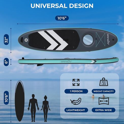 SereneLife 10’6" Inflatable Stand-Up Paddle Board with Window - 32" Wide Stable Design with Non-Slip EVA Deck Pad, Premium SUP Accessories and GoPro Mount, for Youth and Adults, 350 lbs. Capacity in Kuwait
