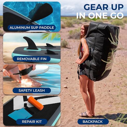 SereneLife 10’6" Inflatable Stand-Up Paddle Board with Window - 32" Wide Stable Design with Non-Slip EVA Deck Pad, Premium SUP Accessories and GoPro Mount, for Youth and Adults, 350 lbs. Capacity in Kuwait
