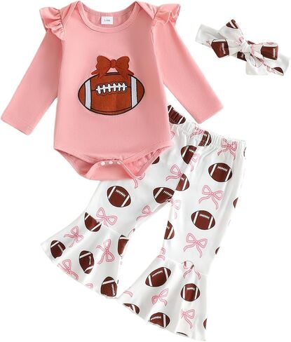 My First Football Season Baby Girl Outfit Embroidery Bodysuit Rugby Flare Pants Bow Game Day Bell Bottoms Coming Home in Saudi Arabia