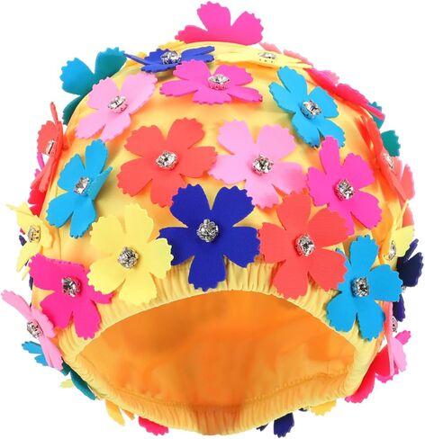 DECHOUS Women Flower Swim Cap, Retro Fabric Swimming Hat with Floral Petals and Rhinestone, Bathing Cap for Women Long/Short Hair, Outdoor Pool Beach Spa in Kuwait
