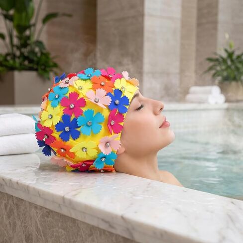 DECHOUS Women Flower Swim Cap, Retro Fabric Swimming Hat with Floral Petals and Rhinestone, Bathing Cap for Women Long/Short Hair, Outdoor Pool Beach Spa in Kuwait